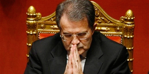 Italian premier Romano Prodi joins his hands, prior to a confidence vote in the Senate, in Rome, Thursday Jan. 24, 2008.